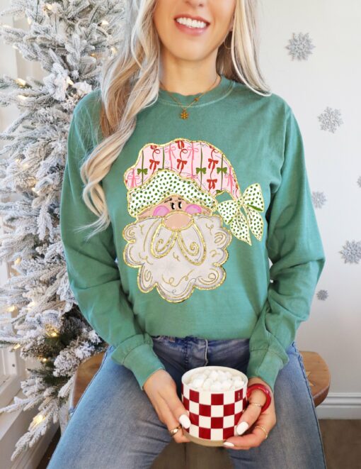 Long Sleeve Bella or Comfort Colors Merry Christmas Santa Faux Glitter Tee