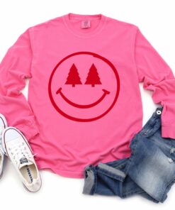 Long Sleeve Comfort Colors Christmas Shirt- Red Tree Smiley