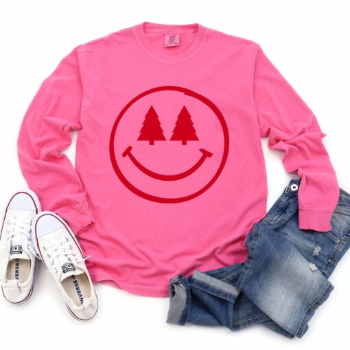 Long Sleeve Comfort Colors Christmas Shirt- Red Tree Smiley