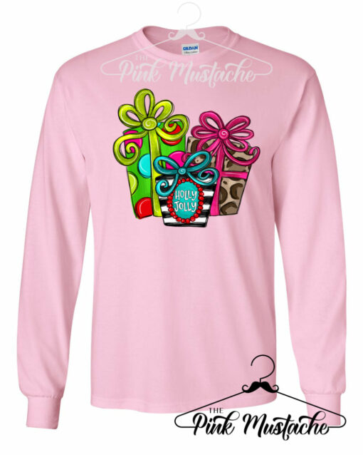 Long Sleeve Pink Holly Jolly Presents Christmas Tee  Toddler, Youth, and Adult Sizes Softstyle Tee  Christmas Shirt