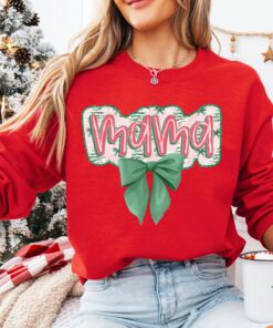Mama Coquette Bow Gildan or Bella Christmas Sweatshirt Direct To Film Transferred Faux Glitter Sweatshirt