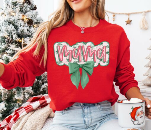 Mama Coquette Bow Gildan or Bella Christmas Sweatshirt Direct To Film Transferred Faux Glitter Sweatshirt