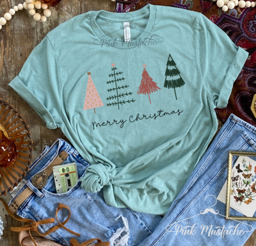 Merry Christmas Hand Drawn Trees Soft Style Tee Christmas Tees