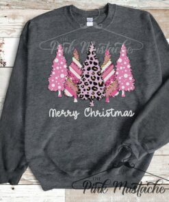 Merry Christmas Pink Trees Leopard Sweatshirt  Youth And Adult Christmas Sweatshirt