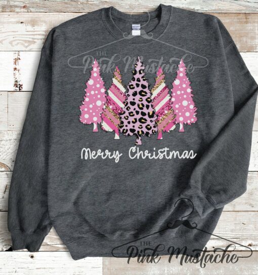 Merry Christmas Pink Trees Leopard Sweatshirt  Youth And Adult Christmas Sweatshirt