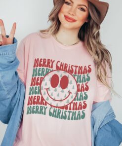 Mommy and Me Comfort Colors or Bella Merry Christmas Smiley Swerve Trees  Shirt Christmas Shirt