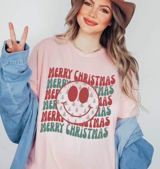 Mommy and Me Comfort Colors or Bella Merry Christmas Smiley Swerve Trees  Shirt Christmas Shirt