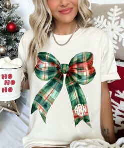 Monogrammed Bella Canvas or Comfort Colors Christmas Plaid Bow Tee