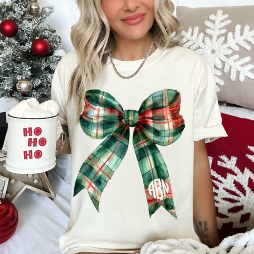 Monogrammed Bella Canvas or Comfort Colors Christmas Plaid Bow Tee