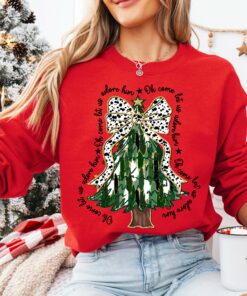 Oh Come Let Us Adore Him Gildan or Bella Christmas Brush Strokes Tree Sweatshirt Direct To Film Transfered Faux Glitter Sweatshirt