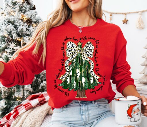 Oh Come Let Us Adore Him Gildan or Bella Christmas Brush Strokes Tree Sweatshirt Direct To Film Transfered Faux Glitter Sweatshirt