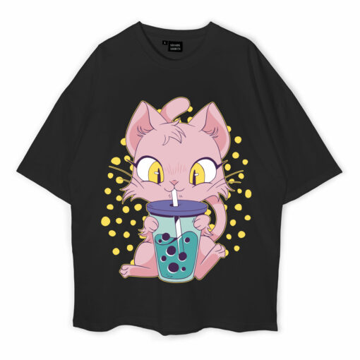 Pink Cat Drinking Boba Milk Oversized T-Shirt