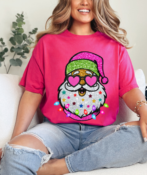 Pink Santa Faux Glitter Shirt Christmas Tee