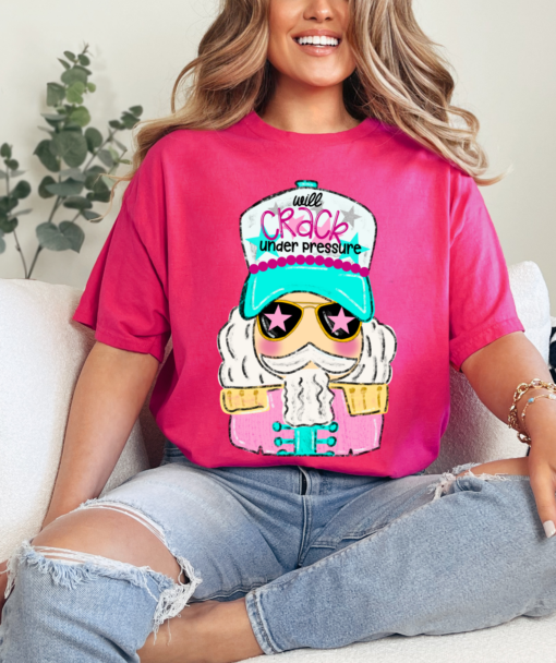 Pink Will Crack Under Pressure Nutcracker Faux Glitter Shirt Christmas Tee