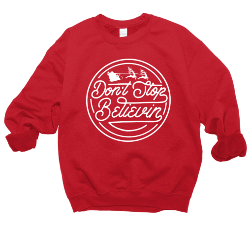 Red Don’t Stop Believin’ Santa Christmas Unisex Sized Sweatshirt