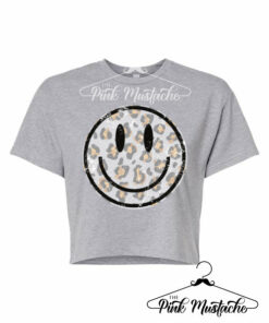 Smiley Face Distressed Leopard Workout Cropped Tee