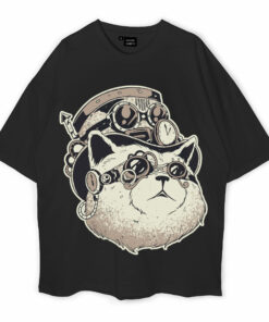 Steampunk Cat Pegatina Oversized T-Shirt