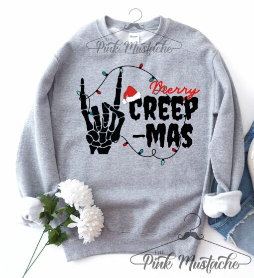Youth and Adult Merry Creep-Mas Skeleton Christmas  Christmas Sweatshirt Fleece Crewneck