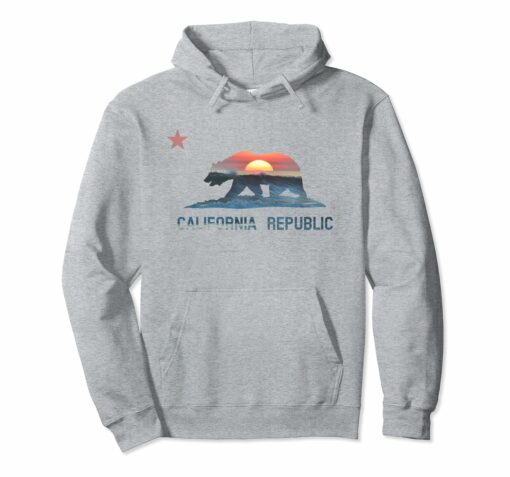 California Republic Hoodie With Ocean Sunset Bear Flag